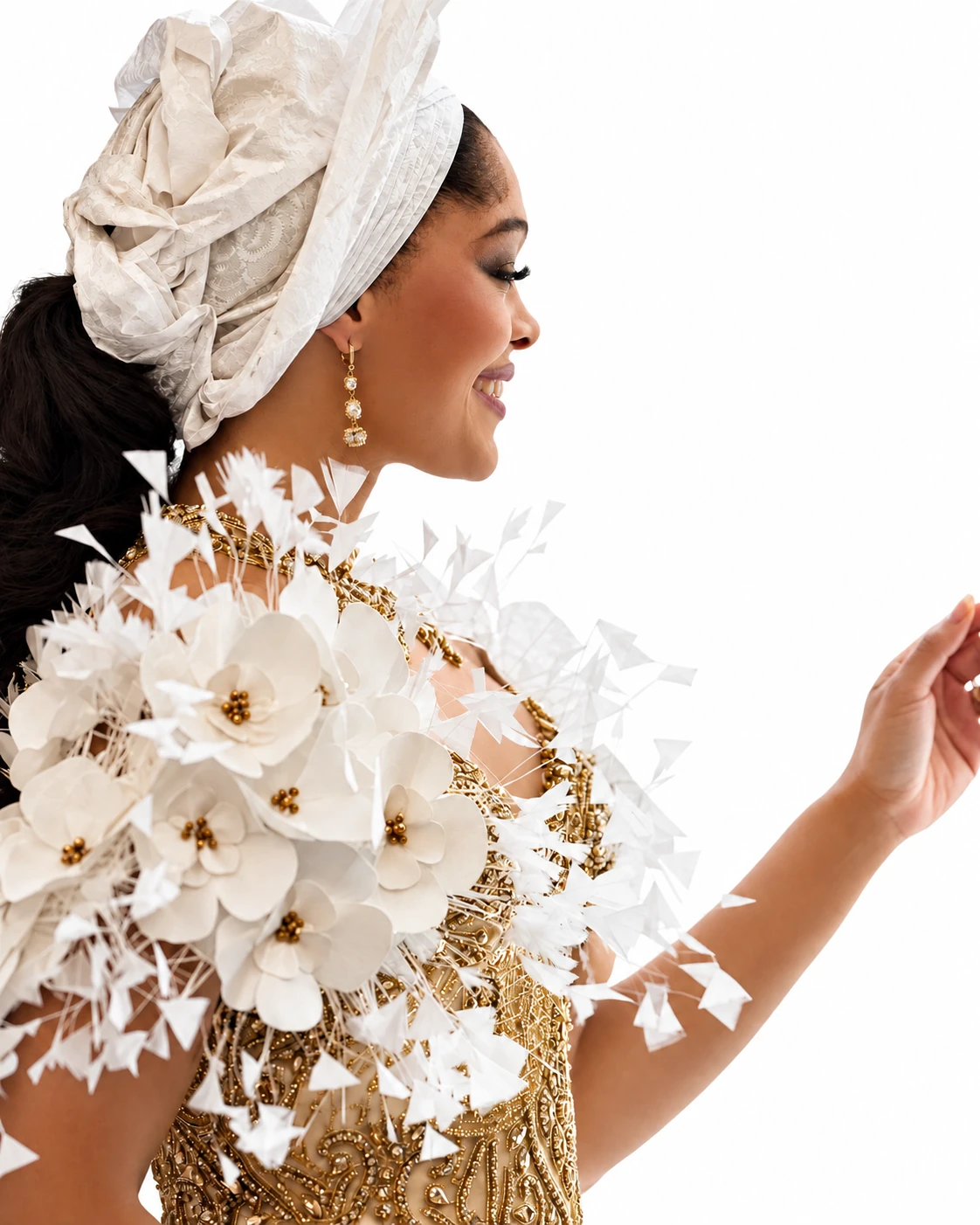 African couture portrait in white and gold