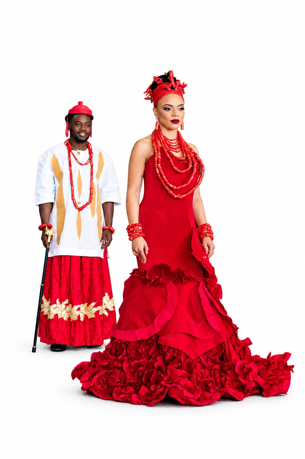 Red African couture gown with companion
