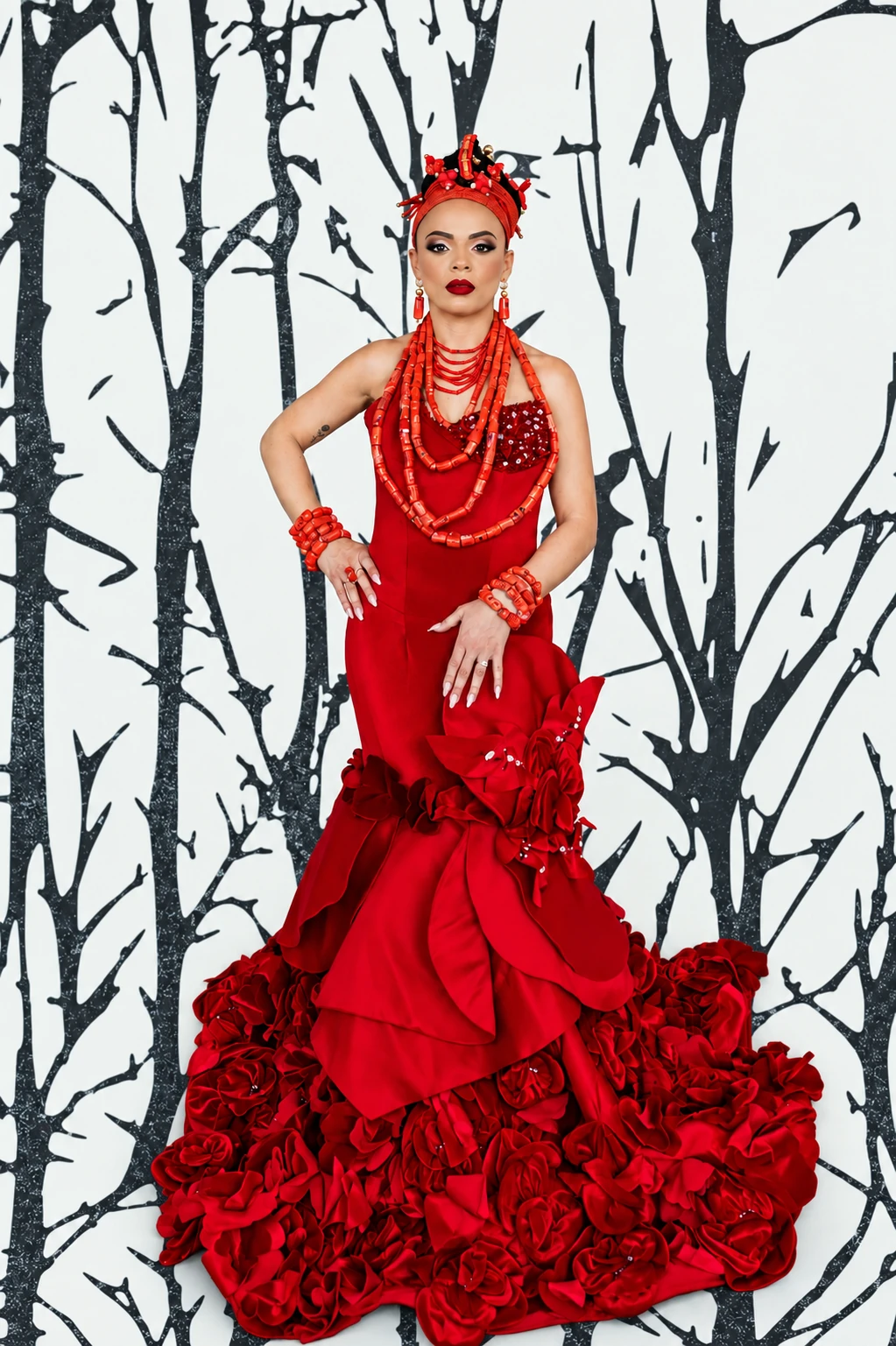 Red African couture gown against dry tree silhouettes