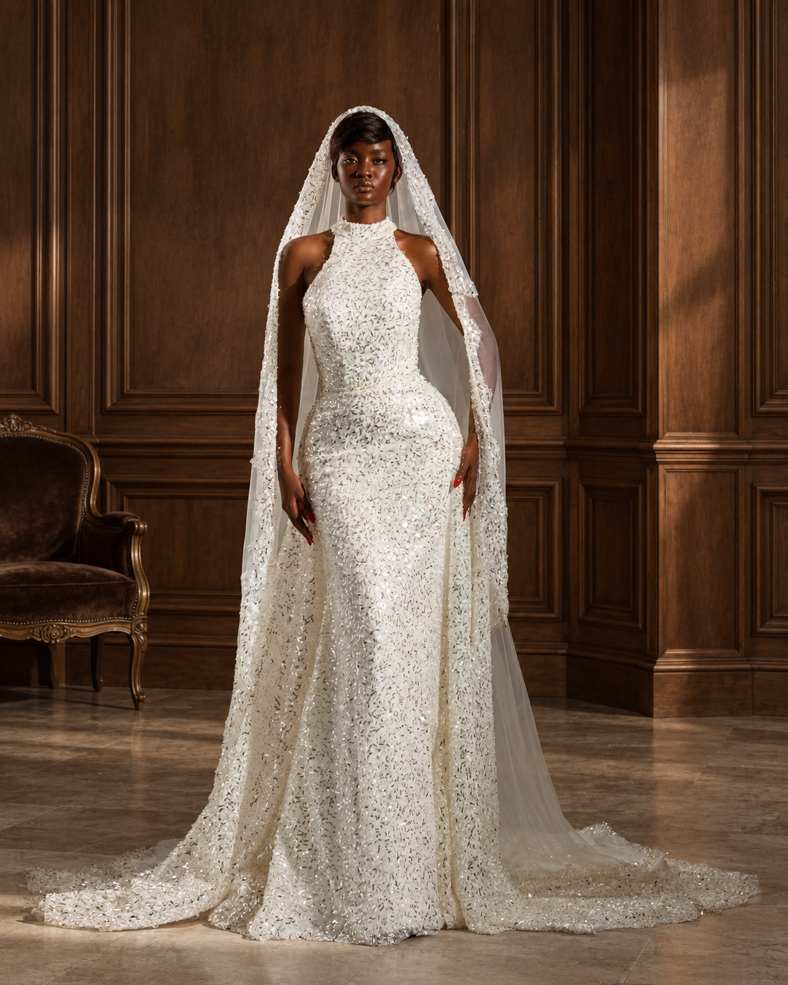 Candace embellished bridal gown in a warm wood-paneled salon